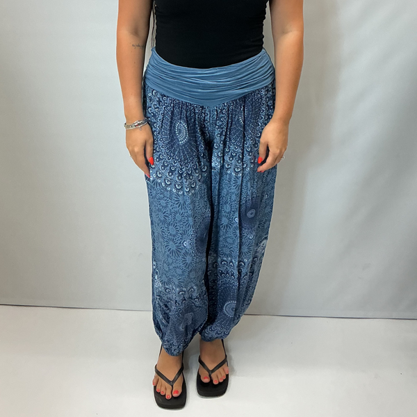 Ladies Italian Mandala Print Harem Trousers (Denim)