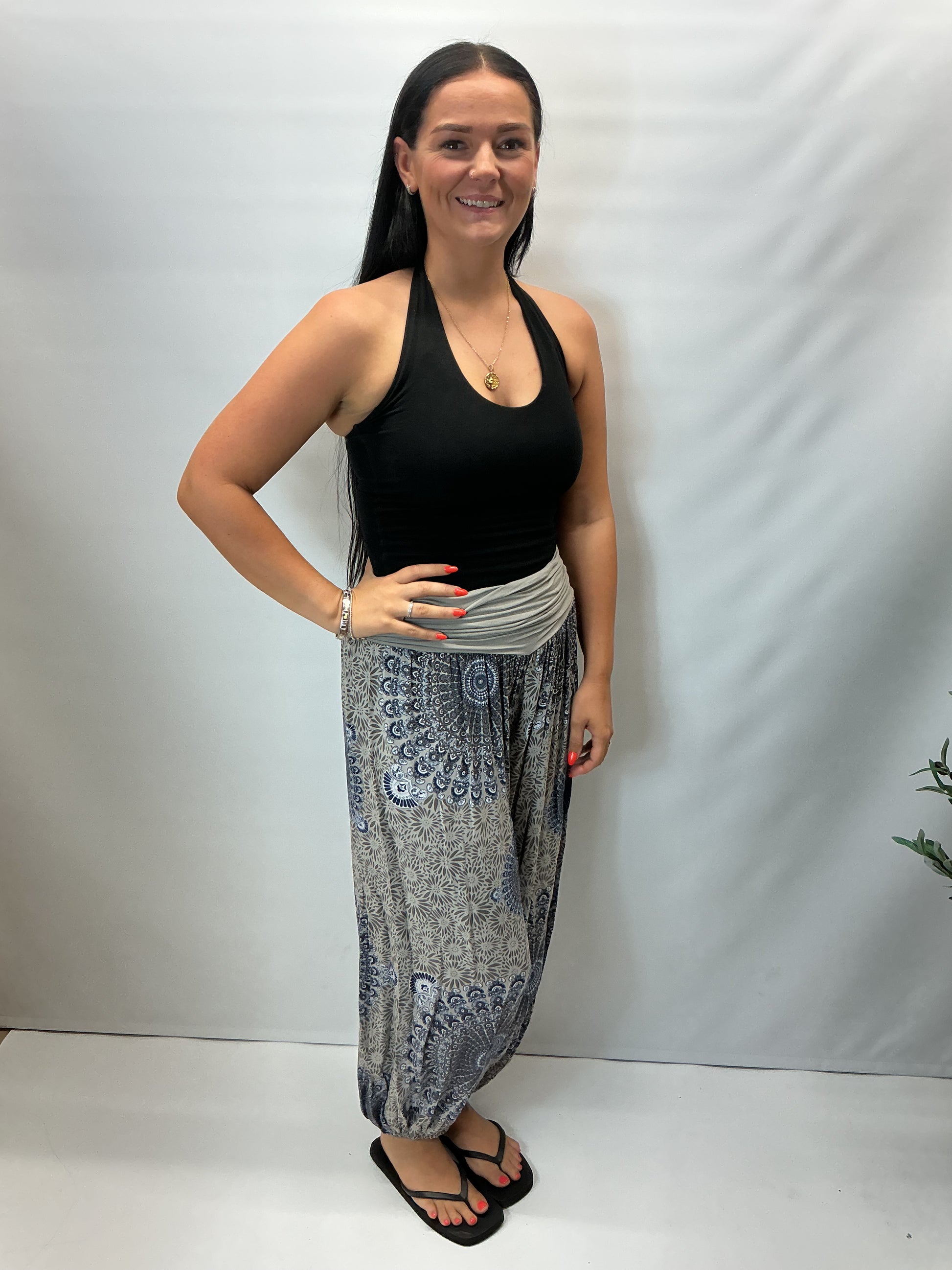 Women's Italian grey mandala print harem trousers with stretch waistband, relaxed balloon leg fit and elasticated cuffs.