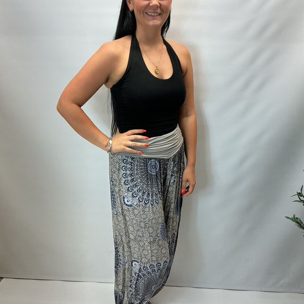 Ladies Italian Mandala Print Harem Trousers (Grey)