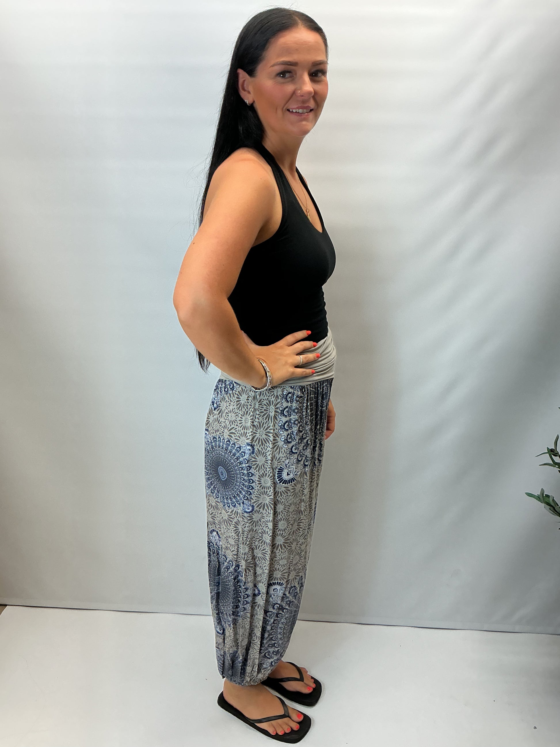 Women's Italian grey mandala print harem trousers with stretch waistband, relaxed balloon leg fit and elasticated cuffs.