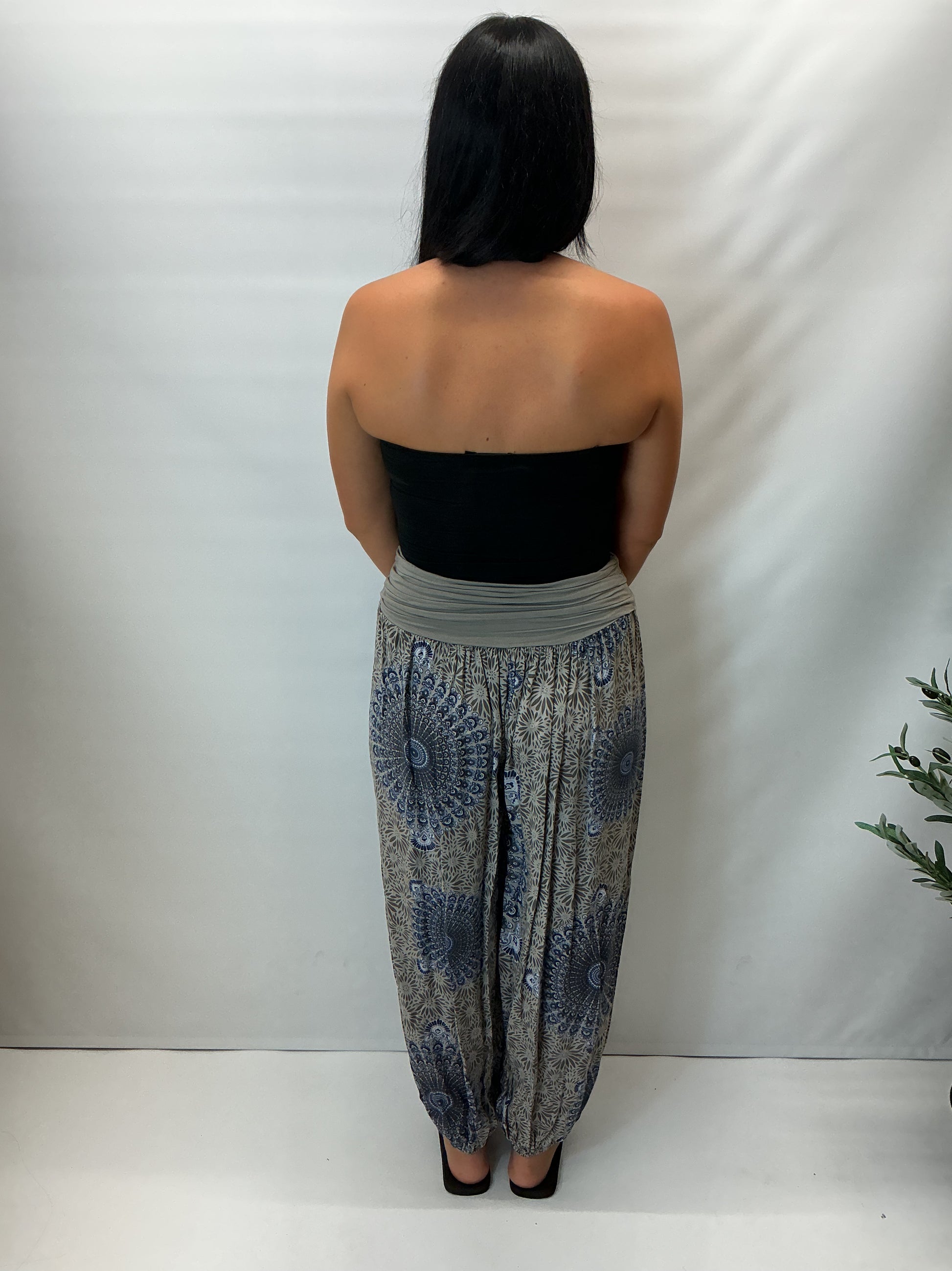 Women's Italian grey mandala print harem trousers with stretch waistband, relaxed balloon leg fit and elasticated cuffs.