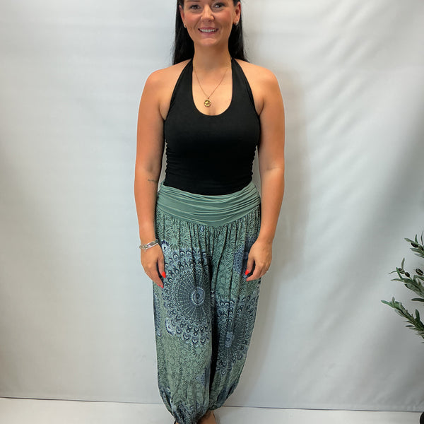 Ladies Italian Mandala Print Harem Trousers (Khaki)