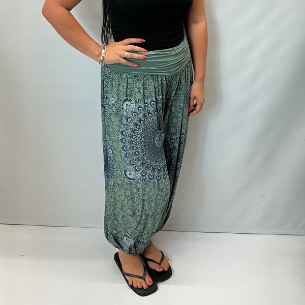 Ladies Italian Mandala Print Harem Trousers (Khaki)