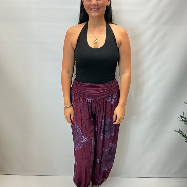 Ladies Italian Mandala Print Harem Trousers (Maroon)