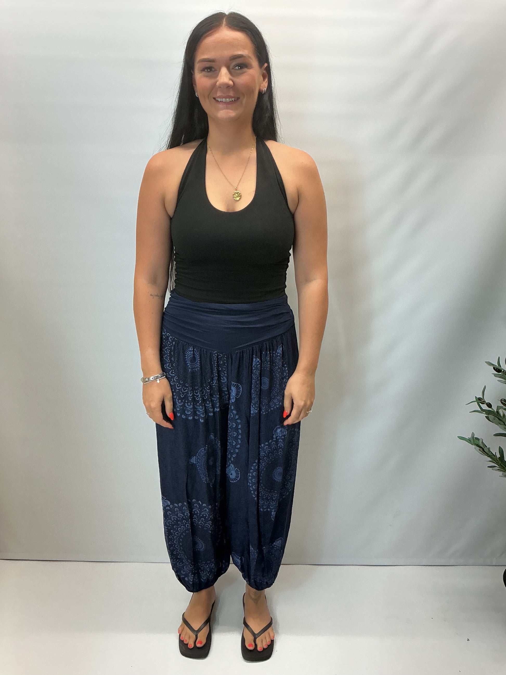 Women's Italian navy mandala print harem trousers with stretch waistband, relaxed balloon leg fit and elasticated cuffs.