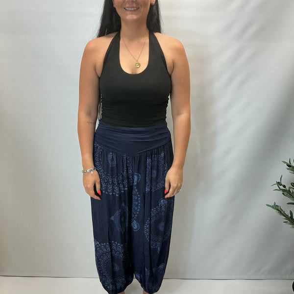Ladies Italian Mandala Print Harem Trousers (Navy)