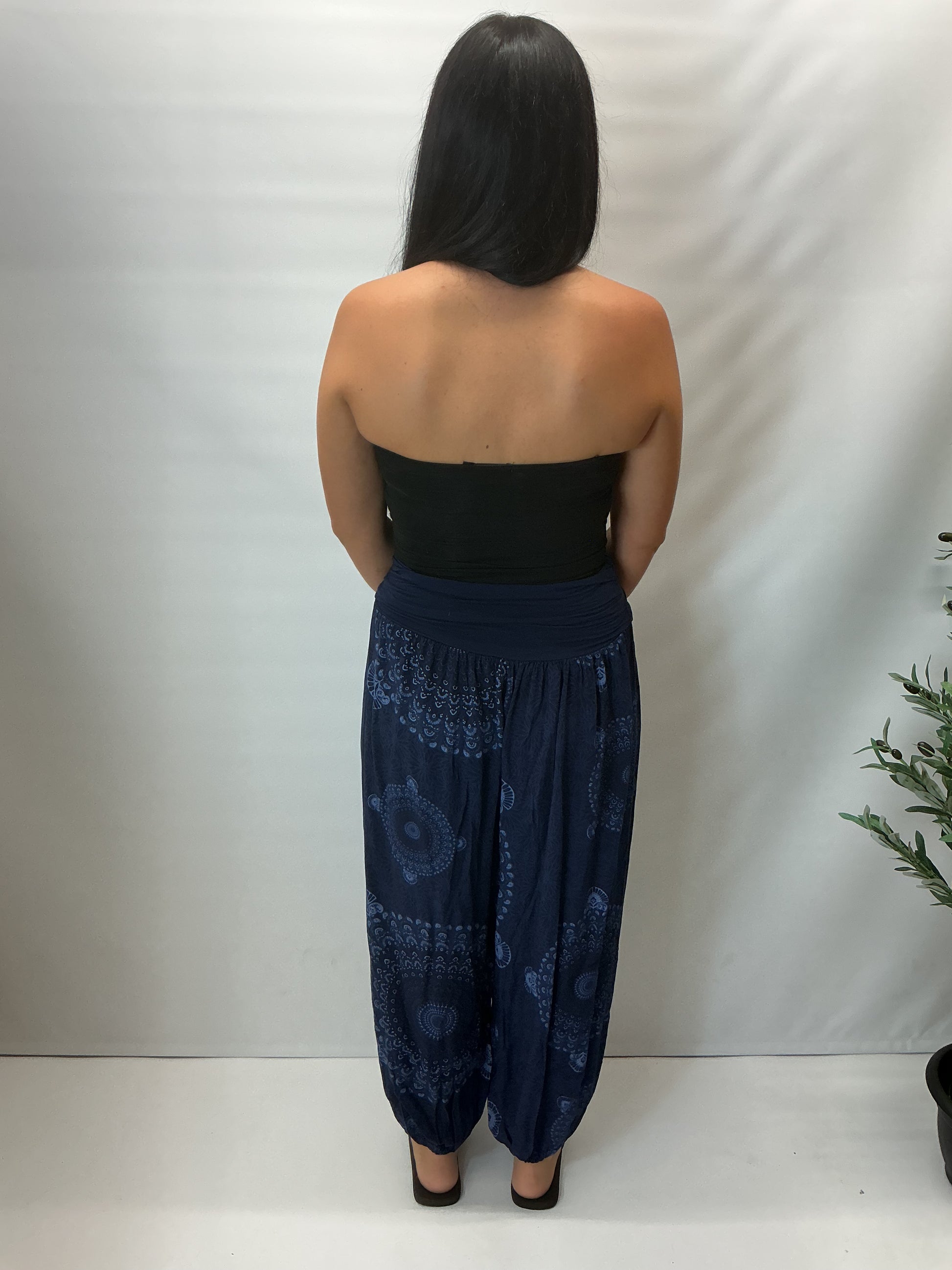 Women's Italian navy mandala print harem trousers with stretch waistband, relaxed balloon leg fit and elasticated cuffs.