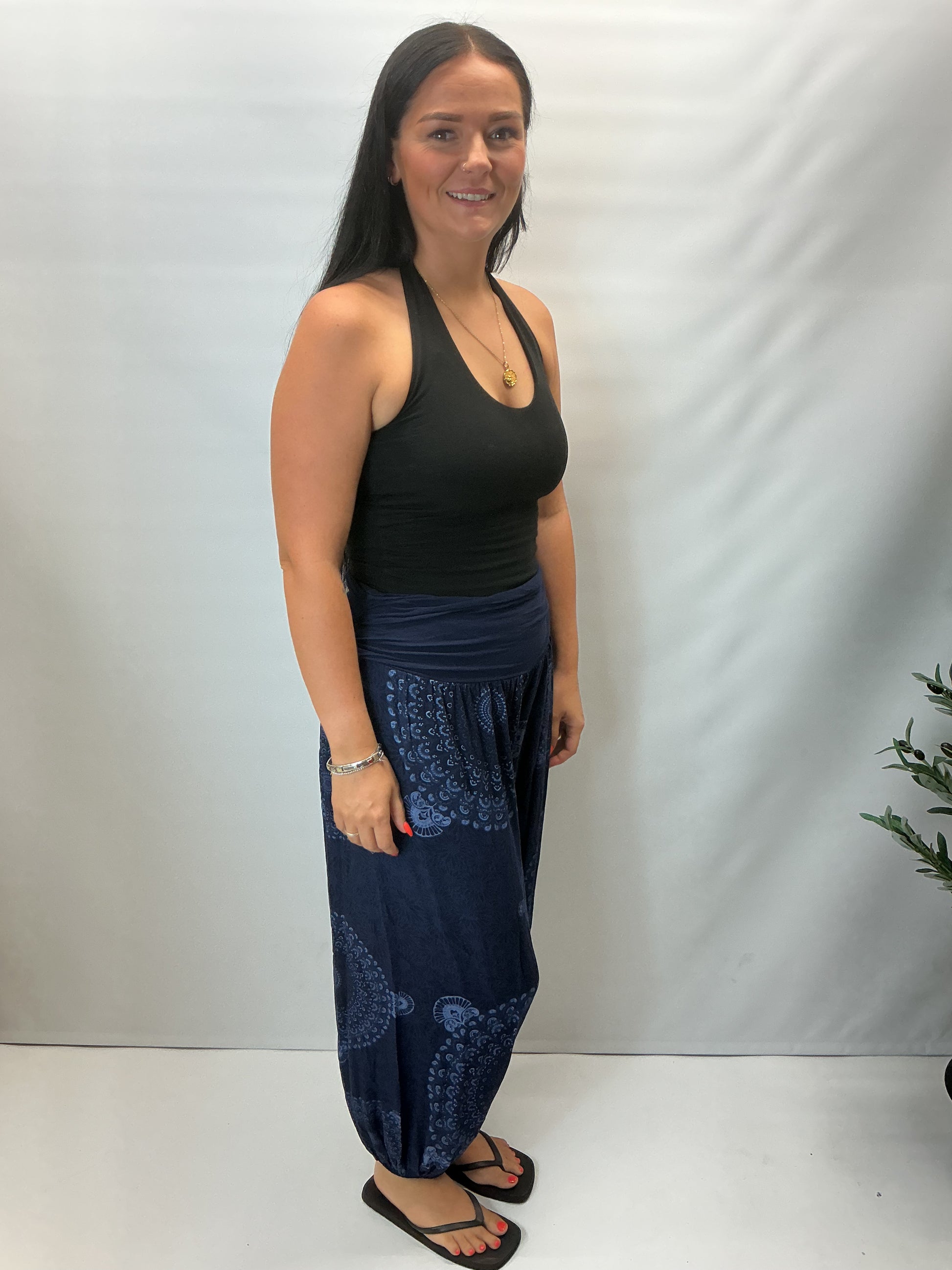 Women's Italian navy mandala print harem trousers with stretch waistband, relaxed balloon leg fit and elasticated cuffs.
