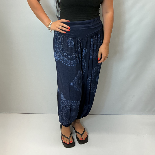 Ladies Italian Mandala Print Harem Trousers (Navy)