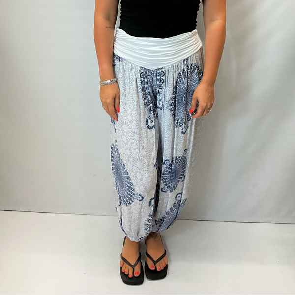 Ladies Italian Mandala Print Harem Trousers (White)