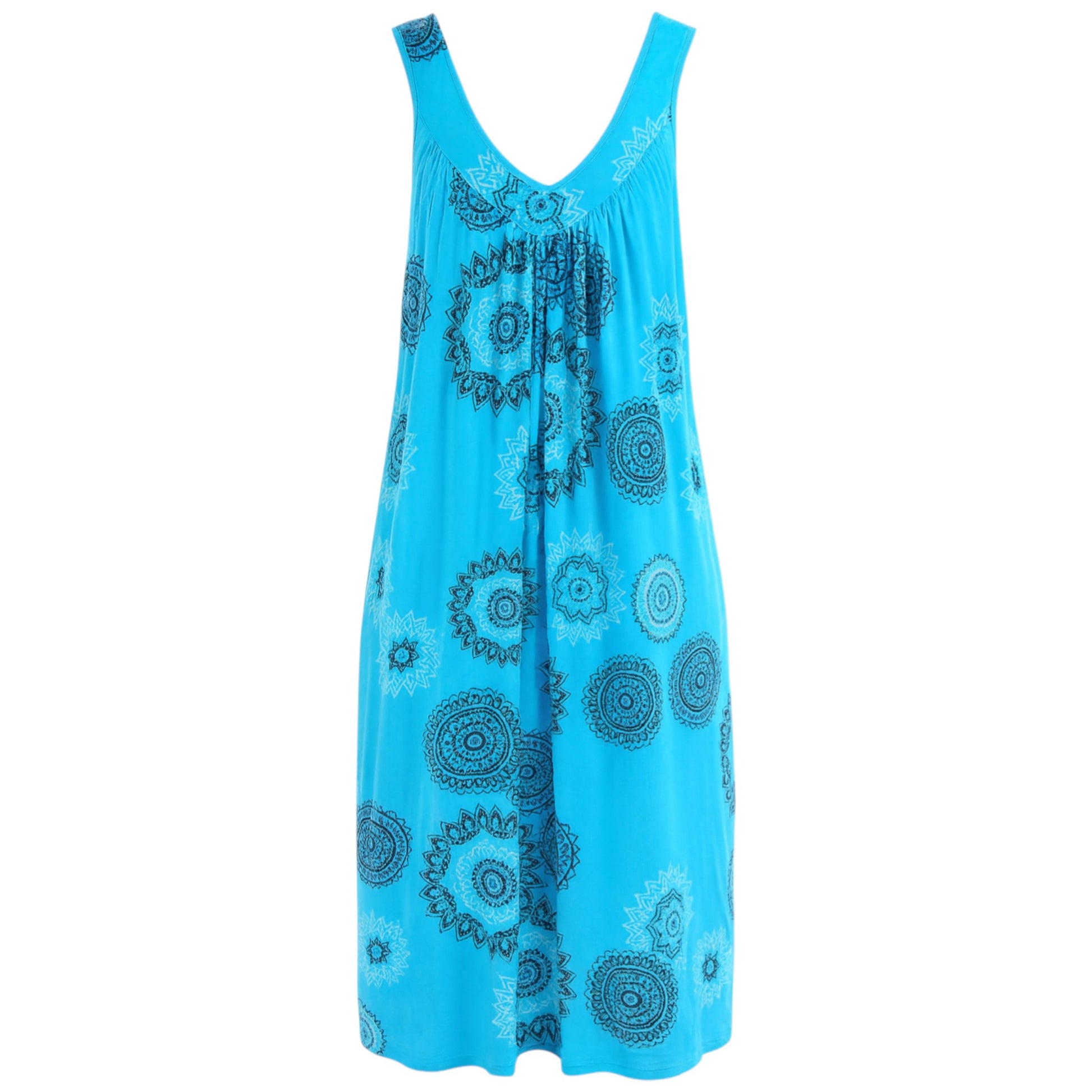 Women's sleeveless blue boho summer midi dress with paisley print – lightweight and flowy beach holiday dress.