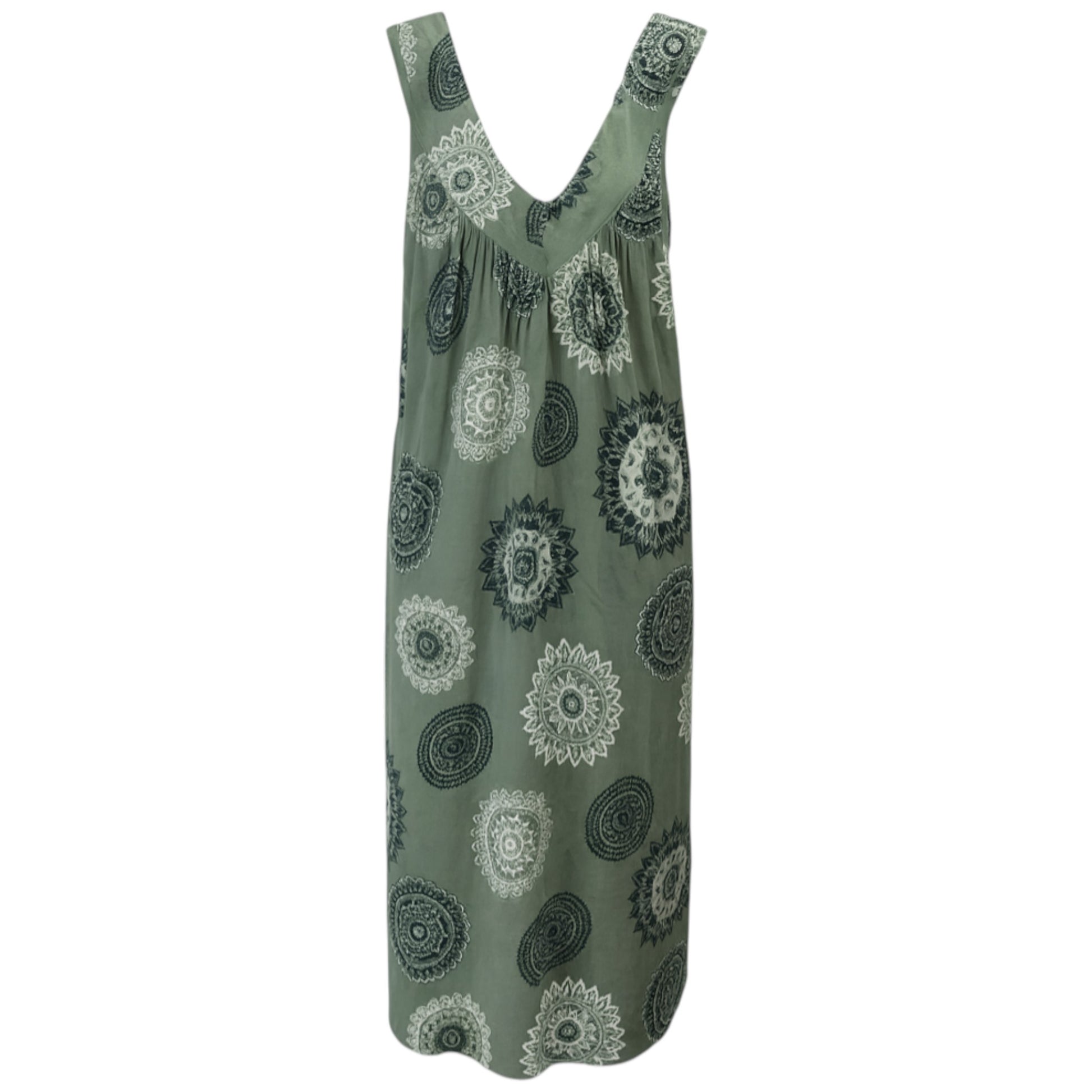 Women's sleeveless khaki green boho summer midi dress with paisley print – lightweight and flowy beach holiday dress
