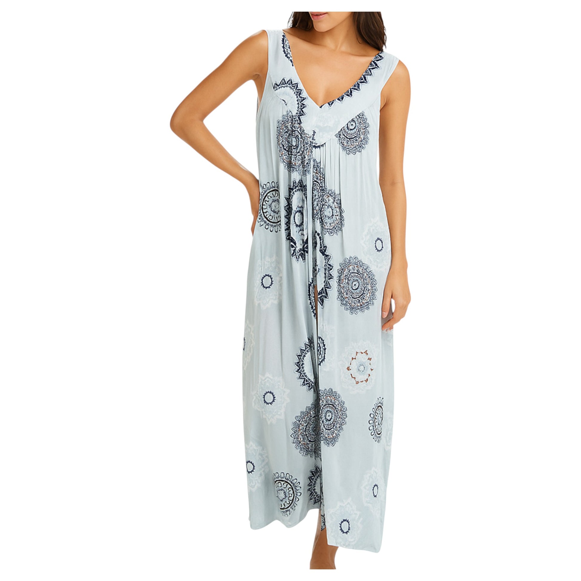 Women's sleeveless white boho summer midi dress with paisley print – lightweight and flowy beach holiday dress