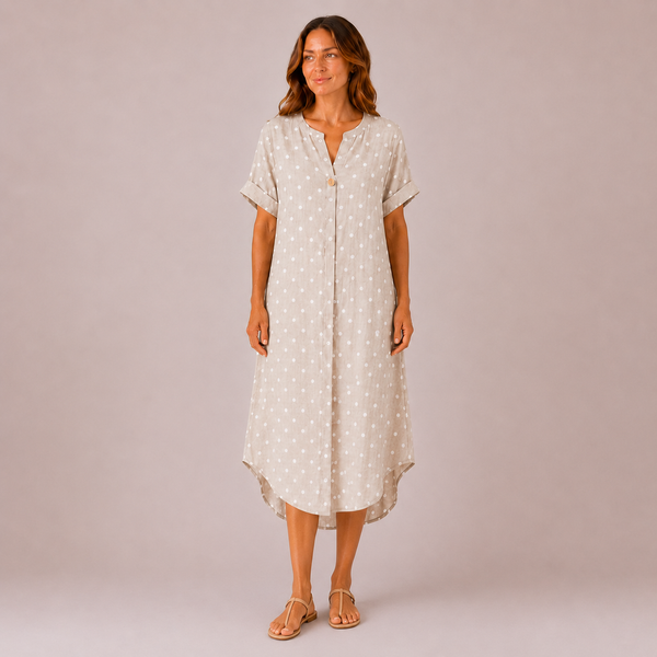 Ladies Italian Button Front Long Polka Dot Top (Beige)