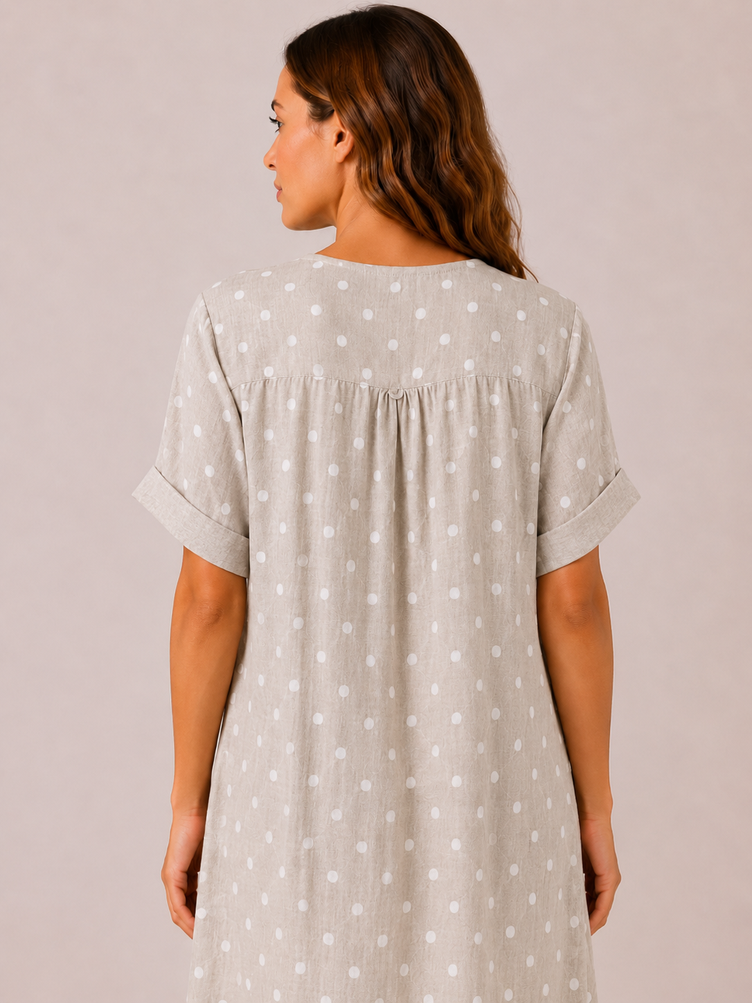Women's Made in Italy 100% Cotton Beige Polka Dot Long Top with Wooden Button Detail and Rolled Short Sleeves