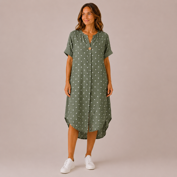 Ladies Italian Button Front Long Polka Dot Top (Khaki Green)