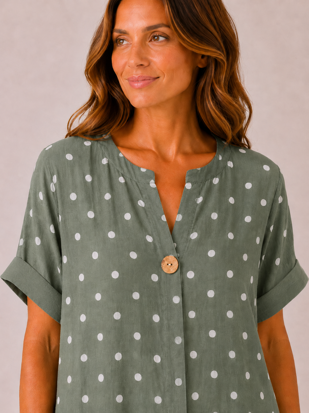 Women's Made in Italy 100% Cotton Khaki Green Polka Dot Long Top with Wooden Button Detail and Rolled Short Sleeves