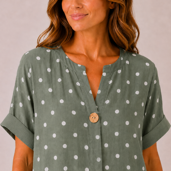 Ladies Italian Button Front Long Polka Dot Top (Khaki Green)
