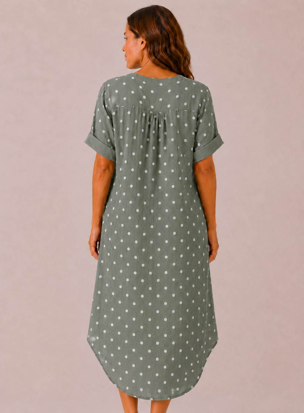Women's Made in Italy 100% Cotton Khaki Green Polka Dot Long Top with Wooden Button Detail and Rolled Short Sleeves