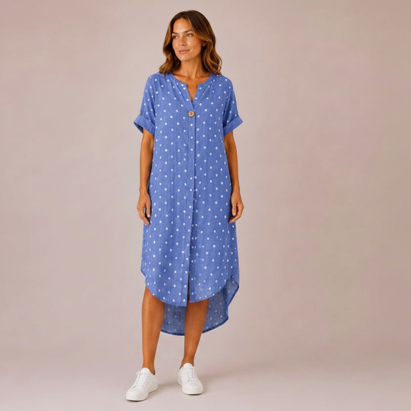 Women's Made in Italy 100% Cotton Denim Blue Polka Dot Long Top with Wooden Button Detail and Rolled Short Sleeves