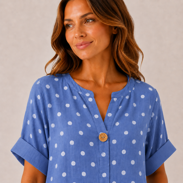 Ladies Italian Button Front Long Polka Dot Top (Denim Blue)