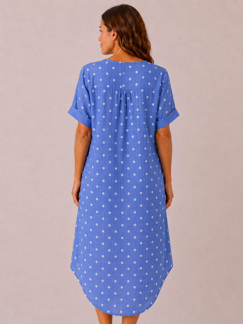Women's Made in Italy 100% Cotton Denim Blue Polka Dot Long Top with Wooden Button Detail and Rolled Short Sleeves