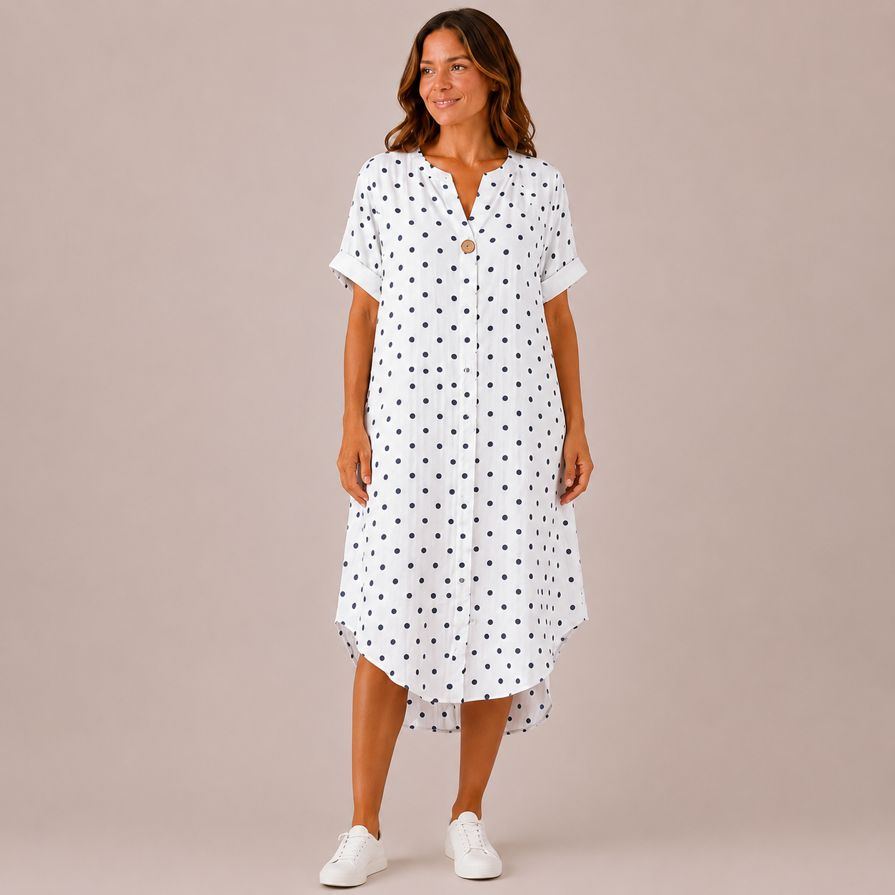 Women's Made in Italy 100% Cotton White Polka Dot Long Top with Wooden Button Detail and Rolled Short Sleeves