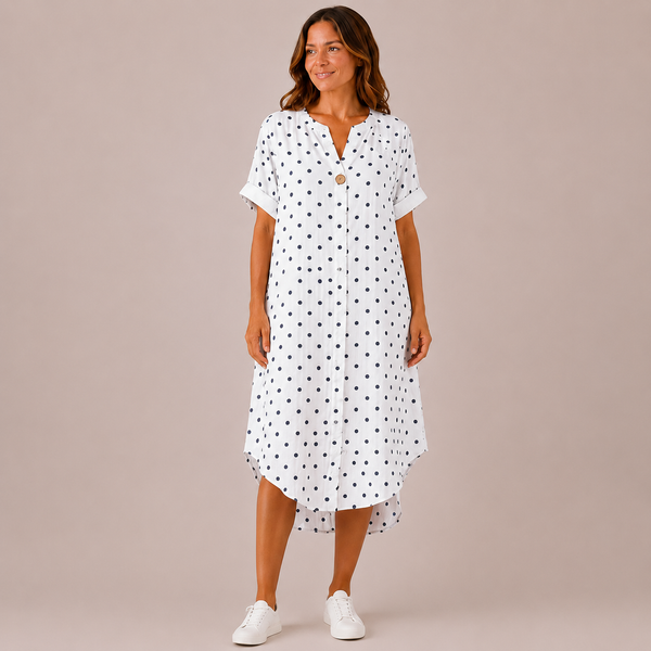 Ladies Italian Button Front Long Polka Dot Top (White)