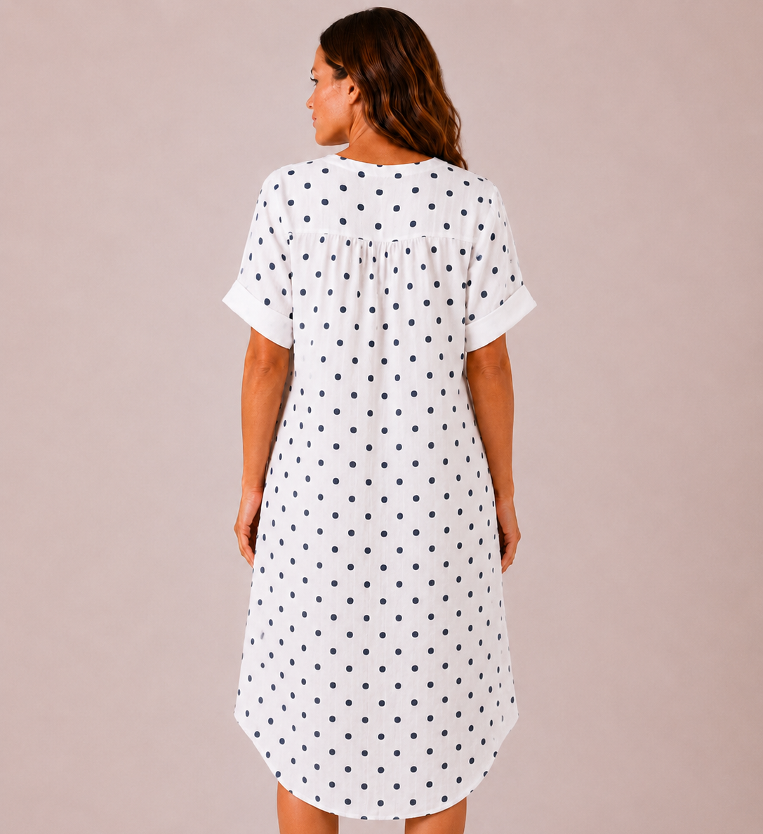 Women's Made in Italy 100% Cotton White Polka Dot Long Top with Wooden Button Detail and Rolled Short Sleeves