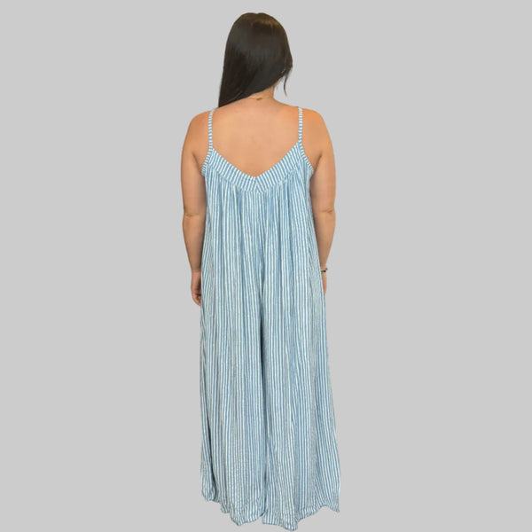 Ladies Italian Stripe Wide Leg Jumpsuit (Blue)