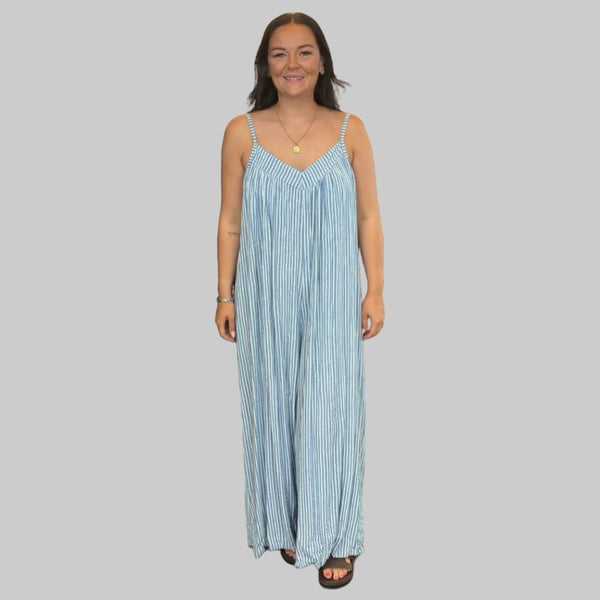 Ladies Italian Stripe Wide Leg Jumpsuit (Blue)