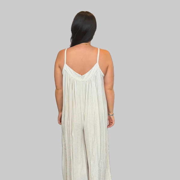 Ladies Italian Stripe Wide Leg Jumpsuit (Cream)