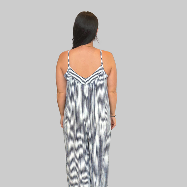 Ladies Italian Stripe Wide Leg Jumpsuit (Navy)
