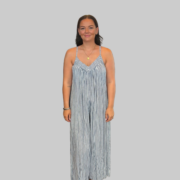 Ladies Italian Stripe Wide Leg Jumpsuit (Navy)