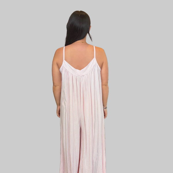 Ladies Italian Stripe Wide Leg Jumpsuit (Pink)