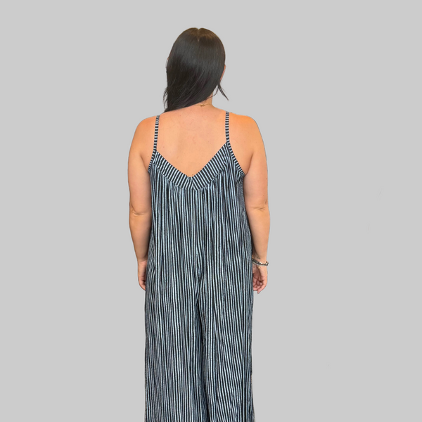Ladies Italian Stripe Wide Leg Jumpsuit (Black)