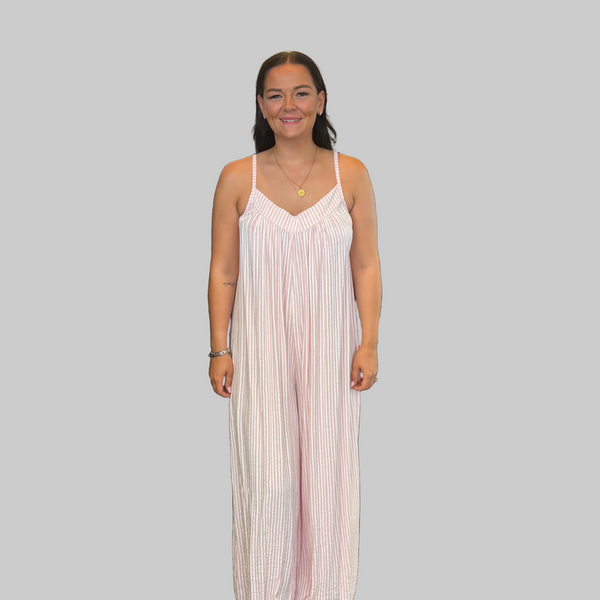 Ladies Italian Stripe Wide Leg Jumpsuit (Pink)