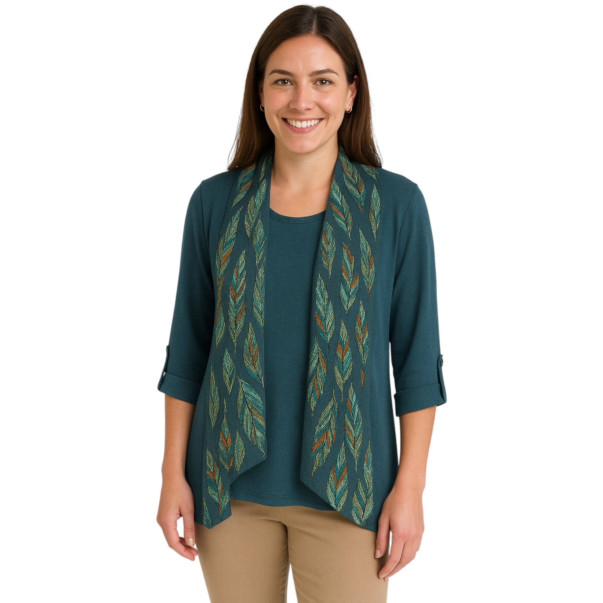 Ladies 2-in-1 top with matching scarf, roll-tab sleeves, made in Italy