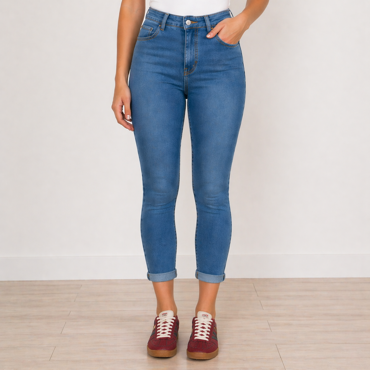 Women’s high waisted blue skinny jeans ankle grazer rolled hem stretch denim