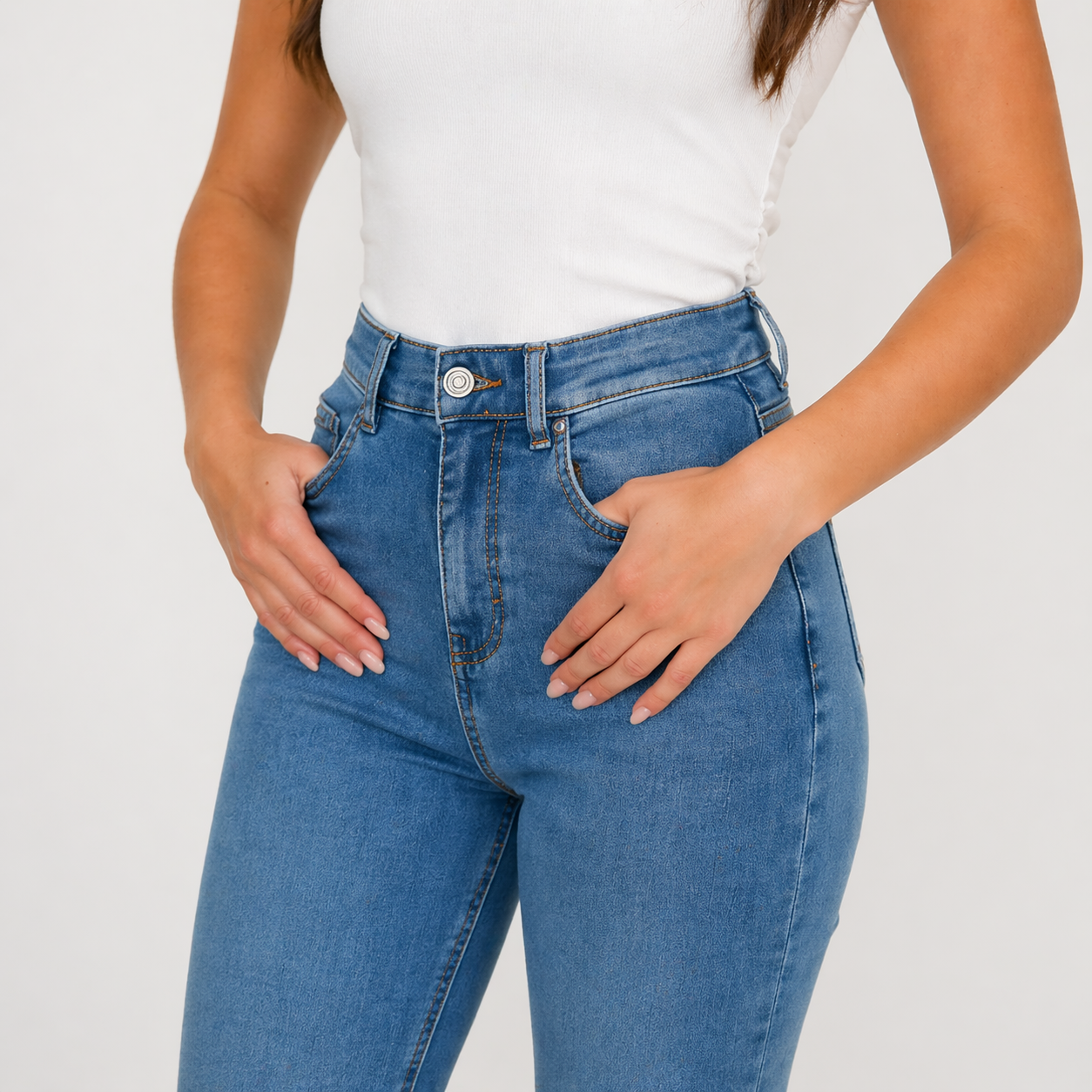 Women’s high waisted blue skinny jeans ankle grazer rolled hem stretch denim