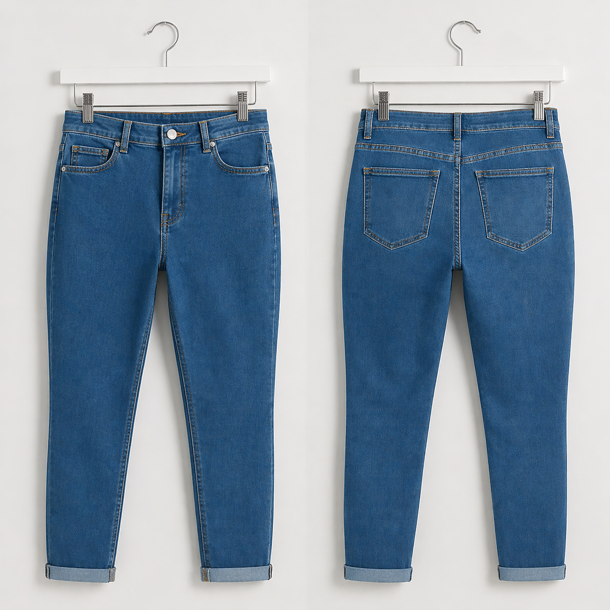 Women’s high waisted blue skinny jeans ankle grazer rolled hem stretch denim