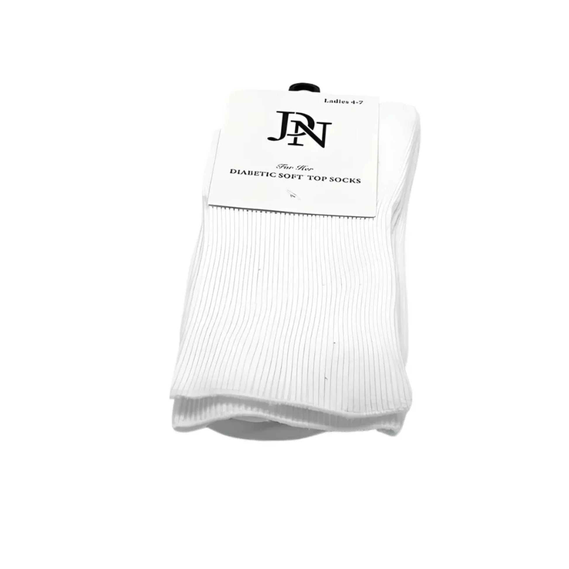 Ladies JDN branded white diabetic socks with non-elastic soft top for comfort and circulation support