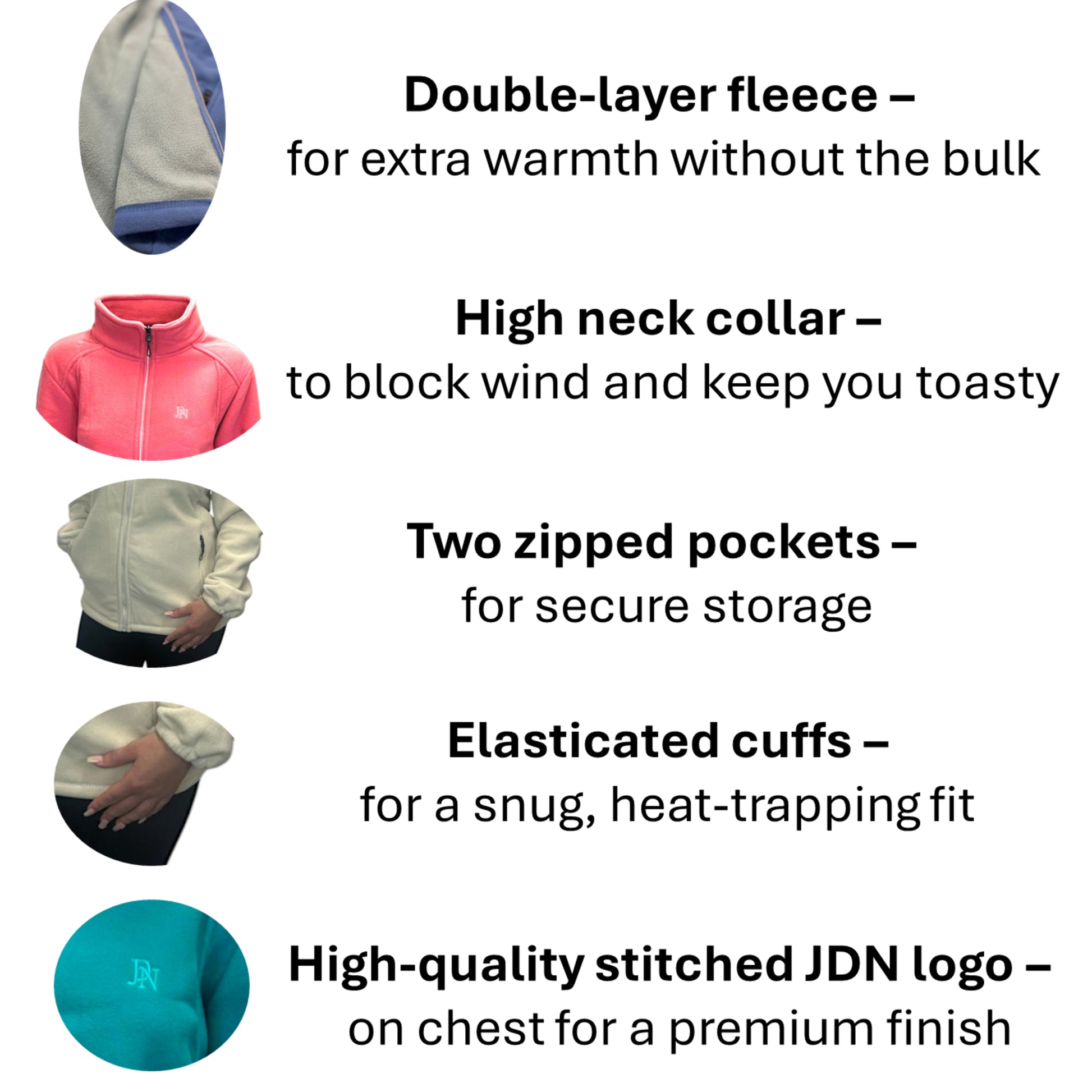 Ladies JDN branded double fleece zip-up jacket with zipped pockets – lightweight and warm outdoor layer