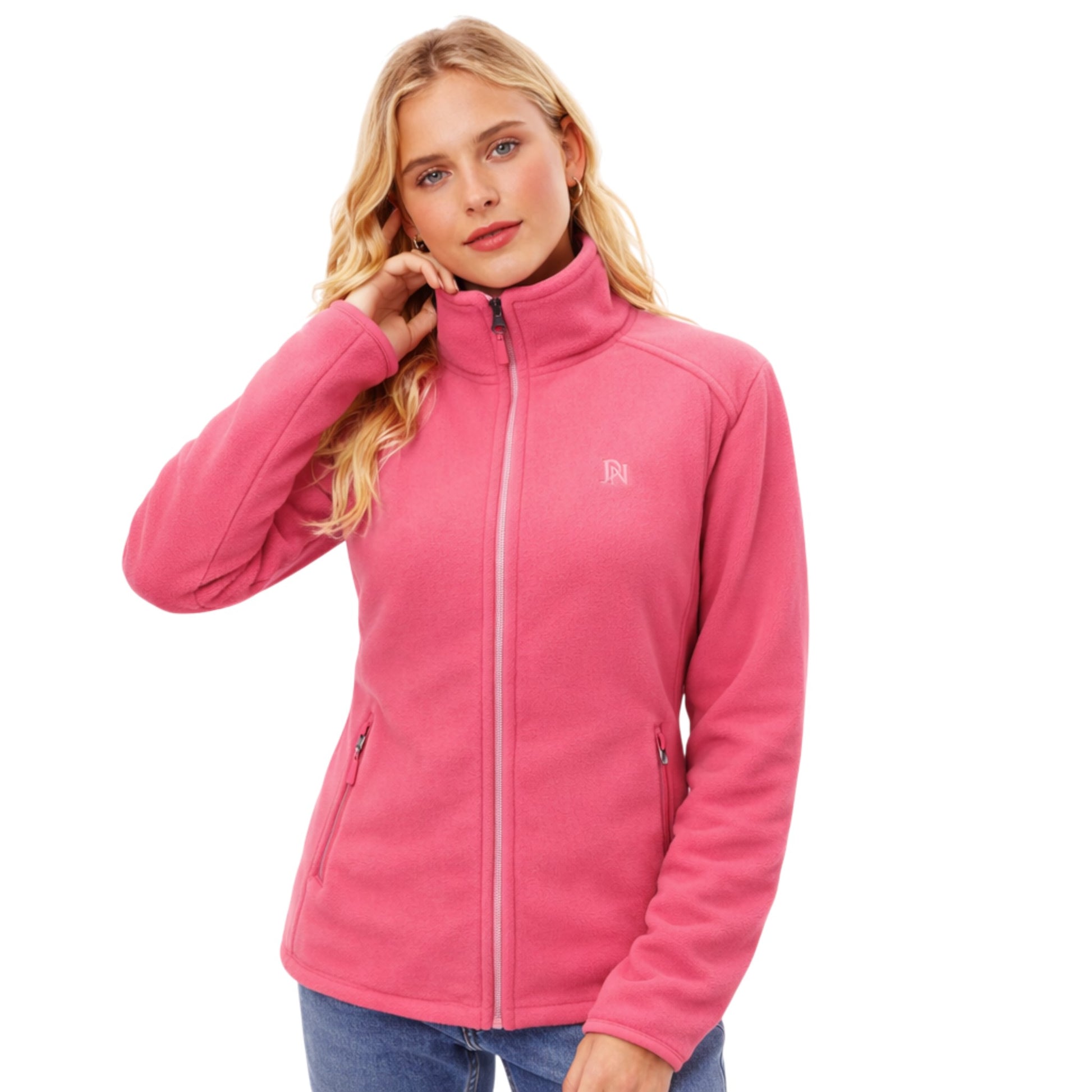 Ladies JDN branded double fleece zip-up jacket with zipped pockets – lightweight and warm outdoor layer in pink