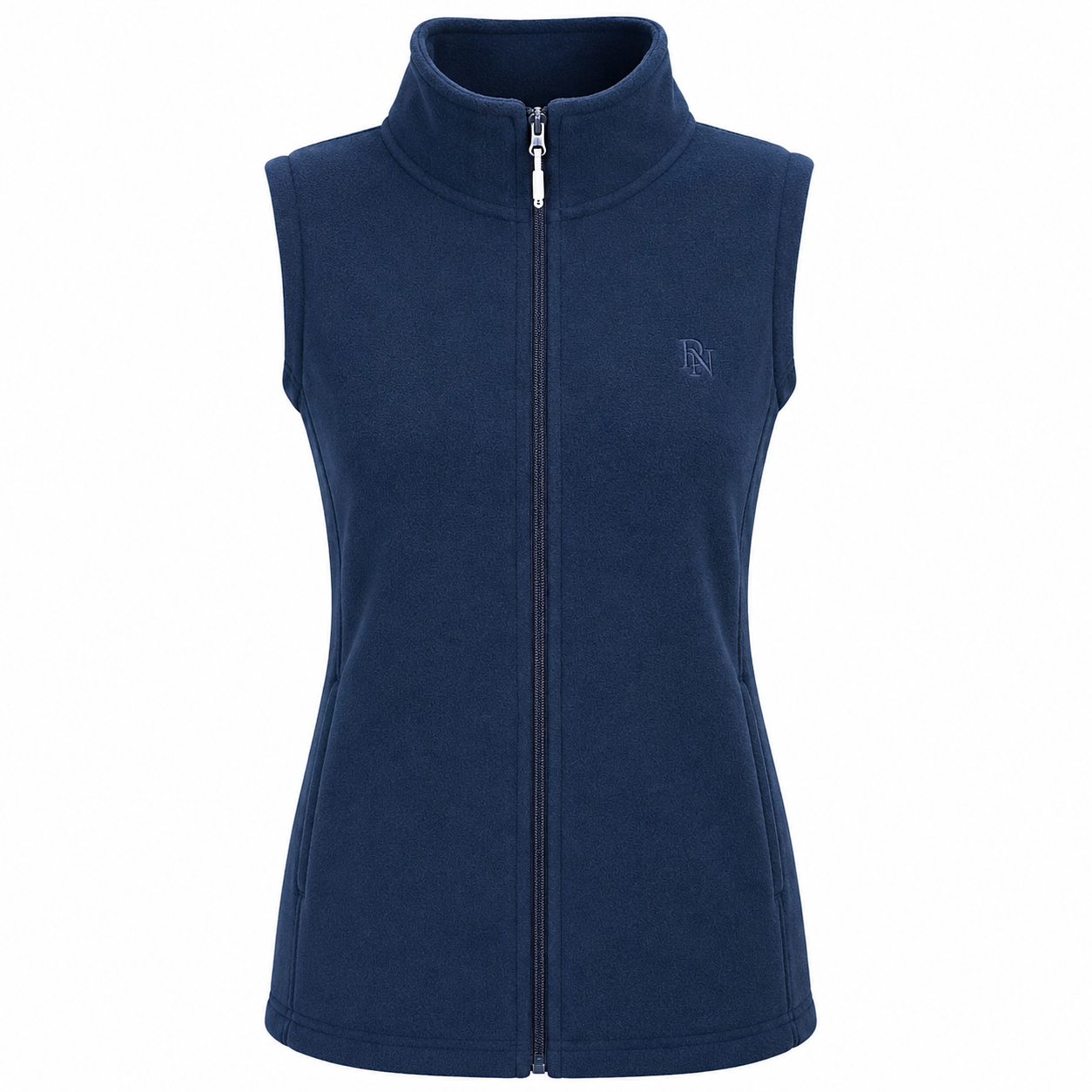 Womens sleeveless fleece gilet in navy – zip-up front with high collar, ideal for layering and outdoor wear