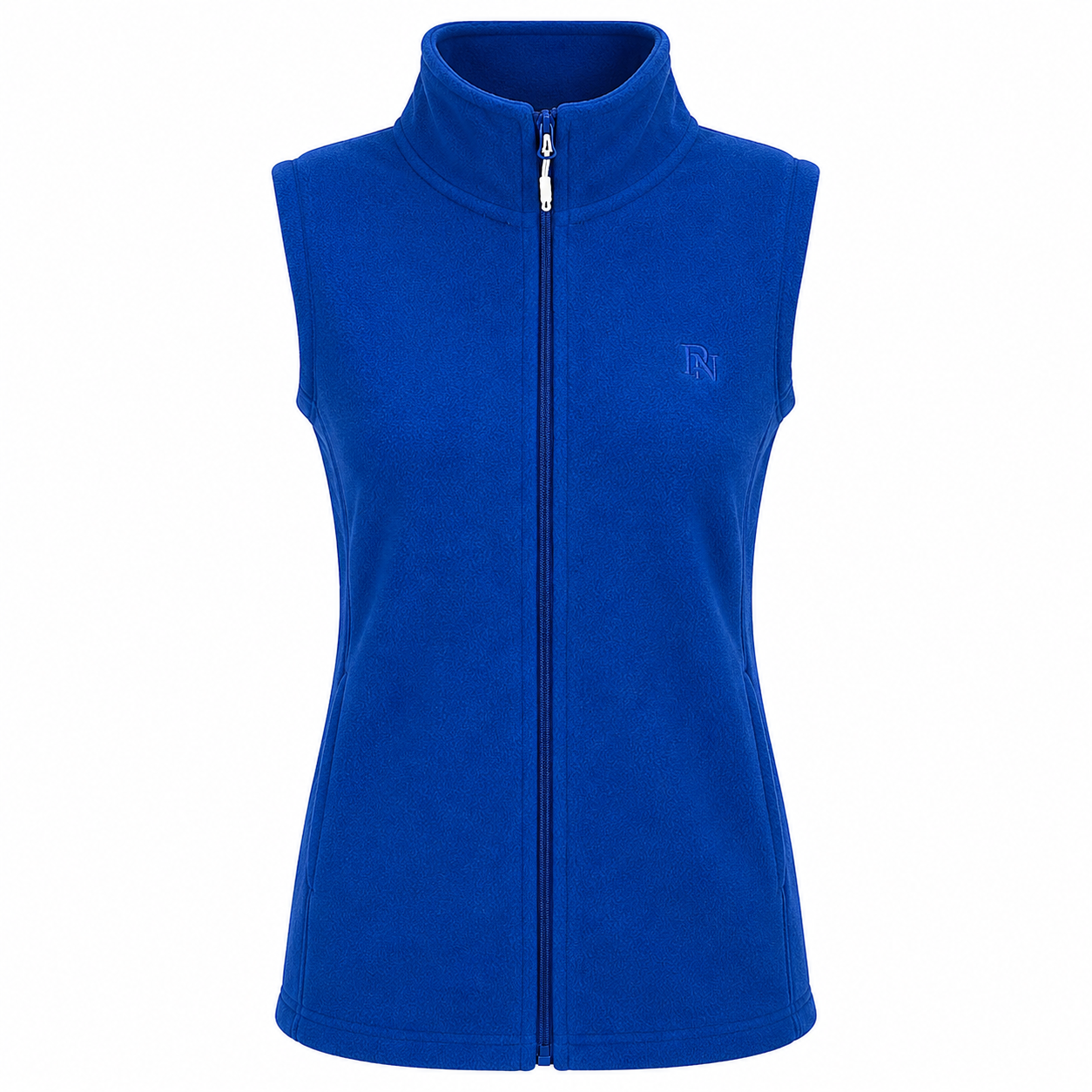 Womens sleeveless fleece gilet in royal blue – zip-up front with high collar, ideal for layering and outdoor wear