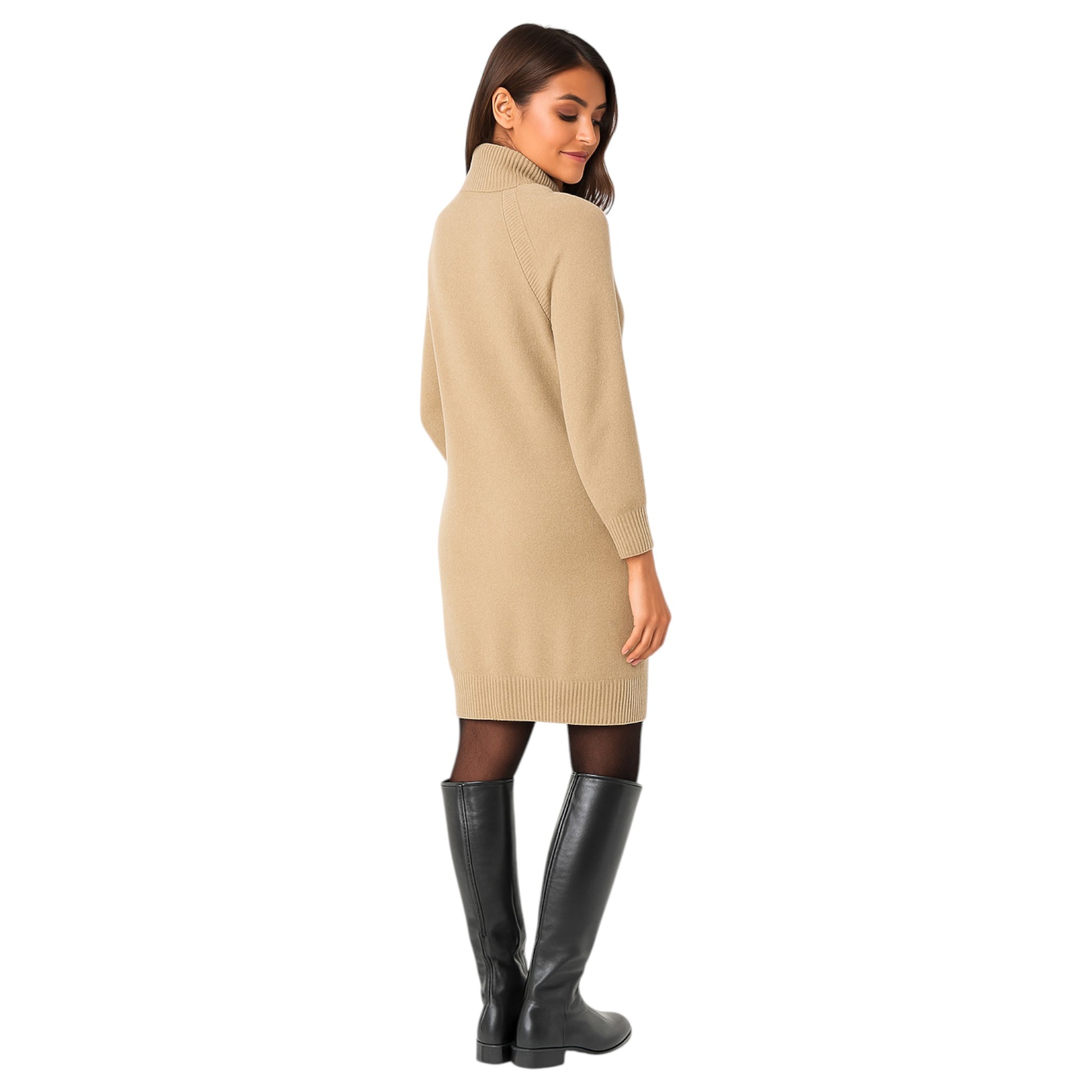 Ladies classic beige 3/4 sleeve half zip jumper dress