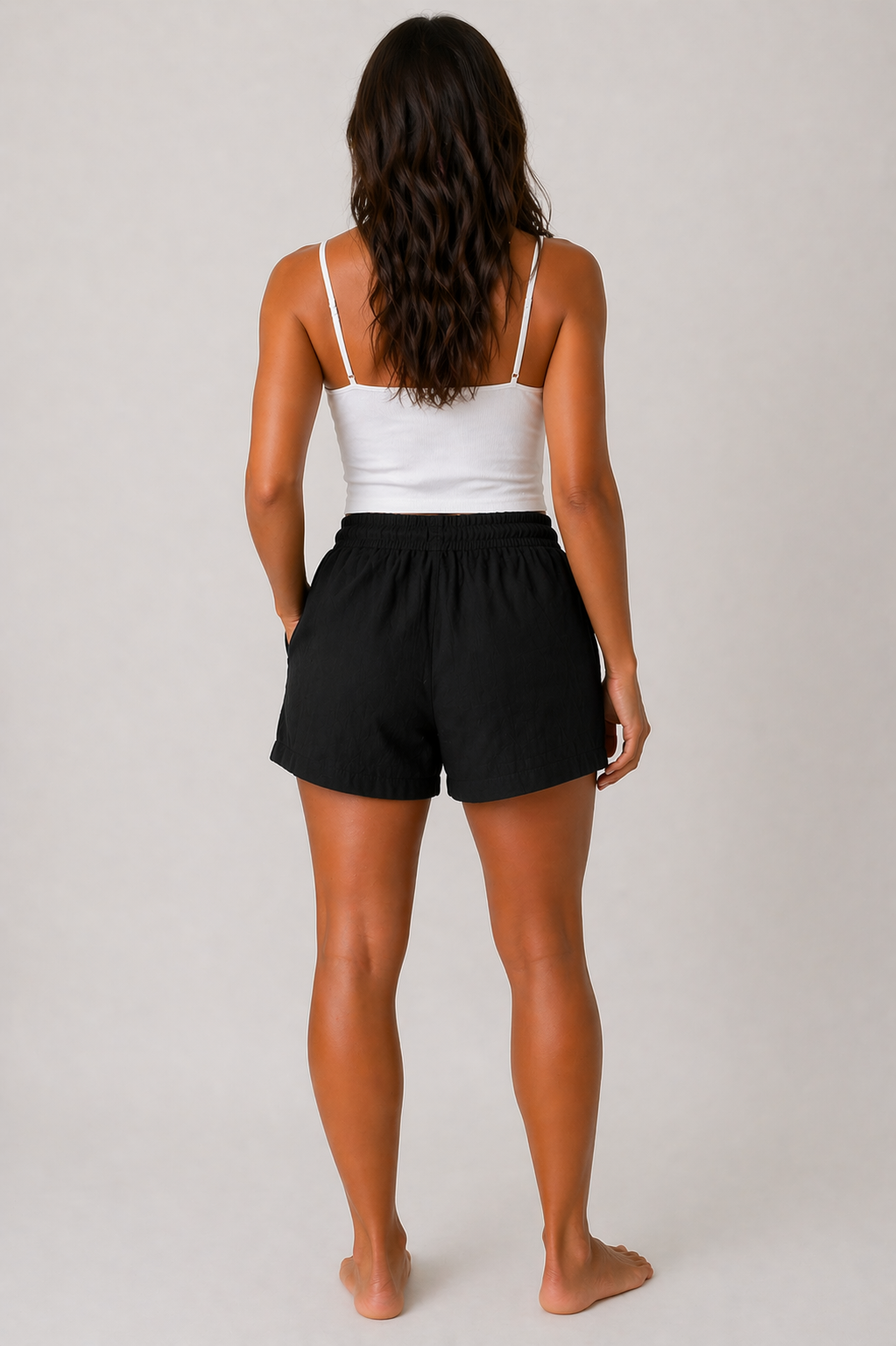 relaxed-fit linen blend shorts with elastic waistband, adjustable drawstring, and side pockets in multiple colours including beige, black, khaki, lilac, navy, and white. Front and back product views shown on a neutral background.