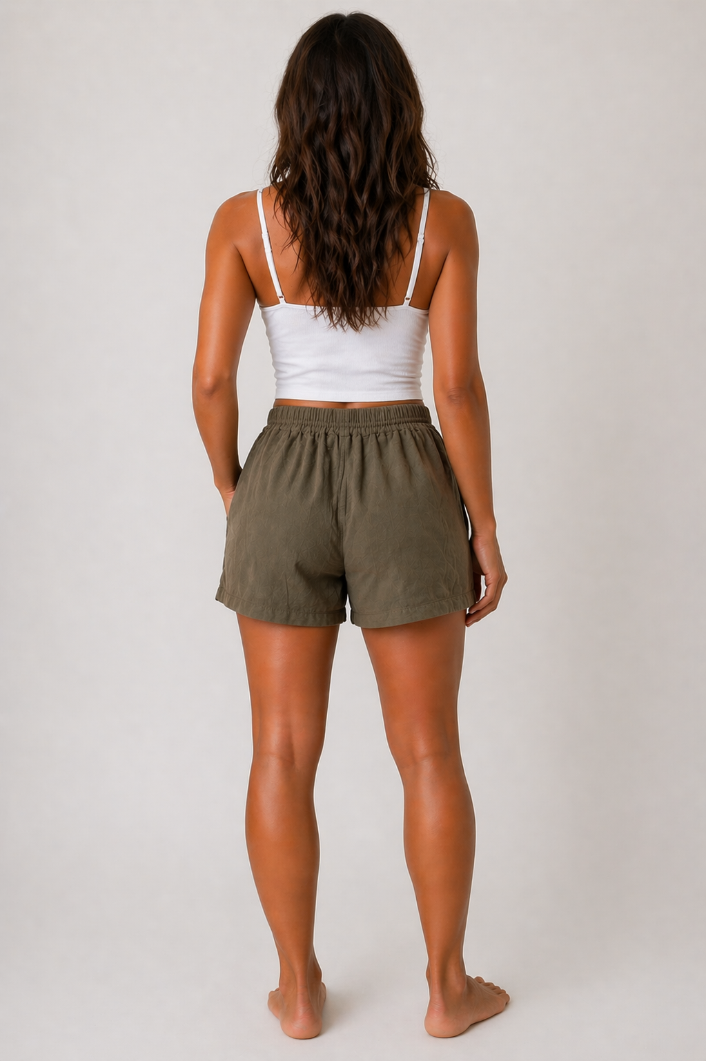 relaxed-fit linen blend shorts with elastic waistband, adjustable drawstring, and side pockets in multiple colours including beige, black, khaki, lilac, navy, and white. Front and back product views shown on a neutral background.
