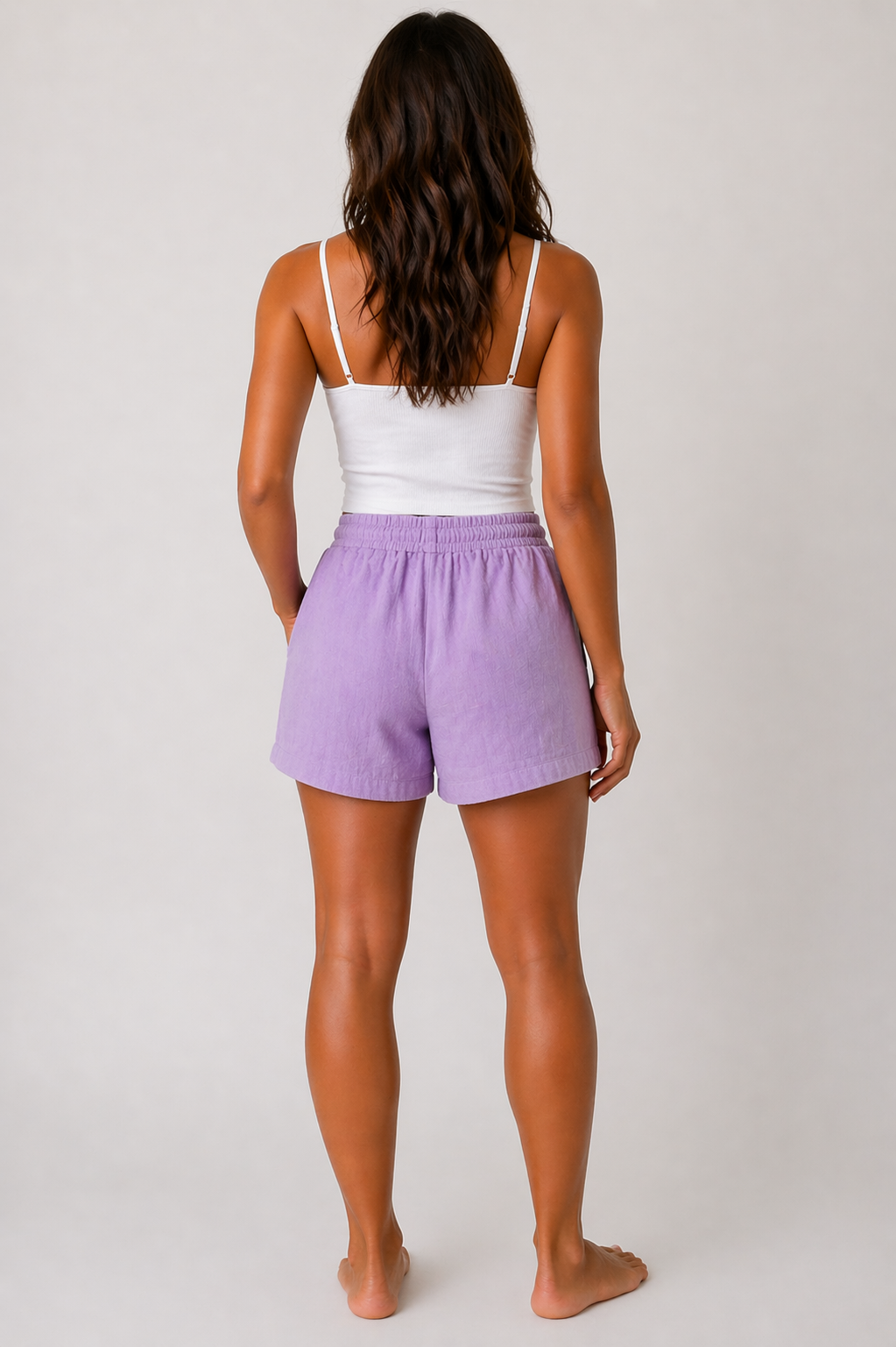 relaxed-fit linen blend shorts with elastic waistband, adjustable drawstring, and side pockets in multiple colours including beige, black, khaki, lilac, navy, and white. Front and back product views shown on a neutral background.